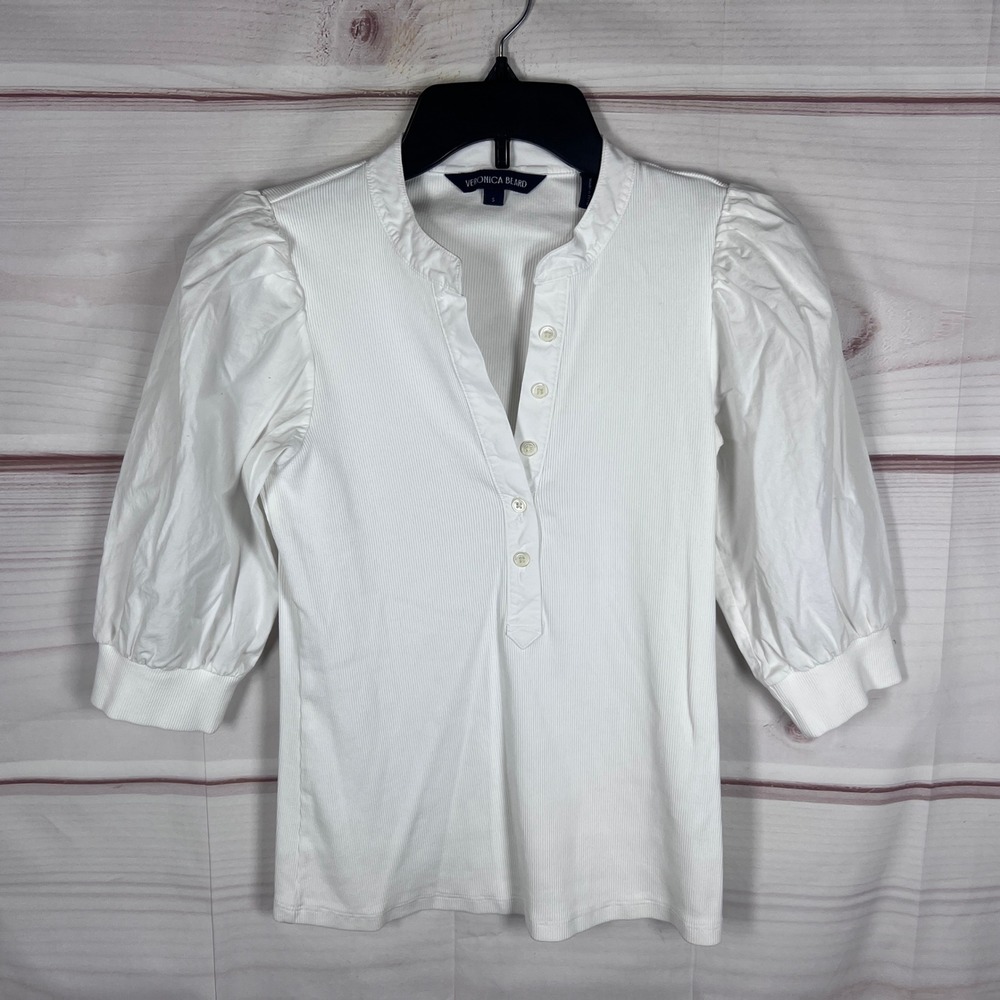 Veronica Beard Top Womens Small White Puff Sleeve Ribbed Henley Knit Pima Cotton